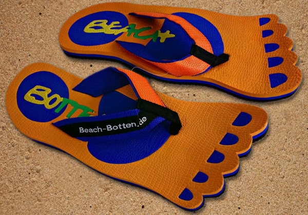 Zehentrenner, Badelatschen, orange, blau, Modell Foot Party Big, BeachBotten