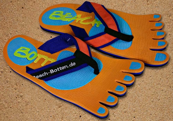 Badelatschen, Zehentrenner, orange, hellblau, Modell Foot Party Small, BeachBotten