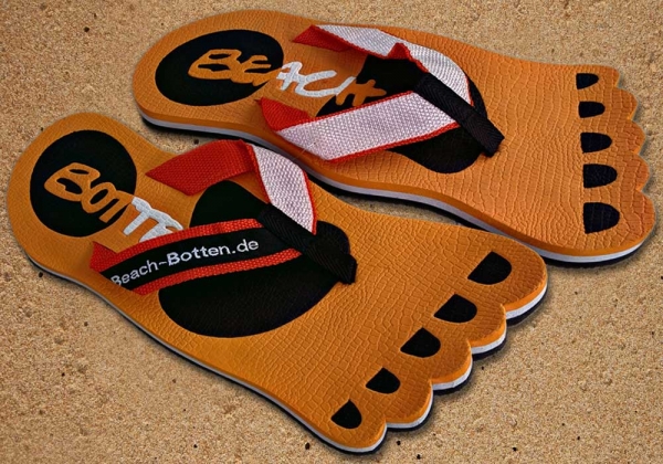 Zehentrenner, Badelatschen, orange, schwarz, Modell Foot Party Big, BeachBotten