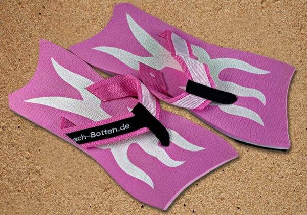 Zehenschuhe, Badelatschen, BeachBotten im Sand, Modell Multi Twist, pink, weiß