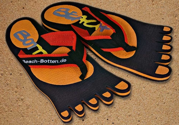 Badelatschen, Zehentrenner, schwarz, orange, Modell Foot Party Small, BeachBotten